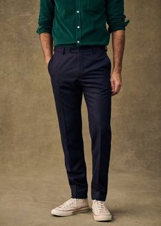 Carl Trousers - Navy - Wool - Octobre Éditions Casual Wool Dress Pants With Tapered Leg, Casual Wool Pants With Straight Hem, Casual Wool Dress Pants With Welt Pockets, Tailored Wool Casual Pants, Slim Fit Wool Bottoms, Slim Fit Wool Pants With Straight Hem, Business Dress Pants With Relaxed Fit And Straight Hem, Business Dress Pants With Relaxed Fit, Relaxed Fit Dress Pants With Straight Hem For Business