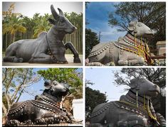 four pictures of statues of animals in different poses