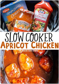 slow cooker apricot chicken with sauce and seasonings on the side, in a crock pot