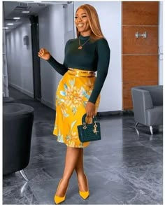 Floral Skirt Work Outfit, Stylish Work Attire Skirts, Green And Yellow Outfits For Women, Green Church Outfit, Skirt And Top Outfits Classy, Corporate Skirt Styles, Green Floral Skirt Outfit, Olive Green Skirt Outfit, Outfits With Olive Green