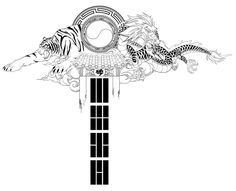 a black and white drawing of a clock with two tigers on it