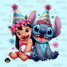 two cartoon characters sitting next to each other with flowers on their head and wearing birthday hats