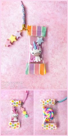 four different pictures of unicorn necklaces on a pink surface with stars and dots,