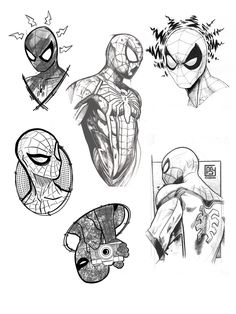 some spiderman sketches are shown in black and white