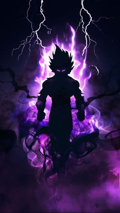 an anime character standing in front of a purple and black background with lightning behind him