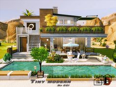 a house with a pool in front of it and some plants on the outside wall