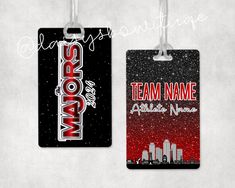 Custom bag tags with team name and athlete name. Custom Bag Tags, Dance Camp, Sports Bra Set, Travel Luggage Tag, Team Name, Bag Tag, Team Names, A J, Custom Bags