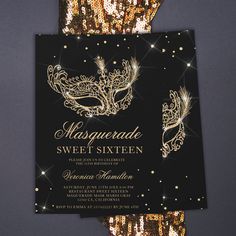 black and gold masquerade sweet sixteen party invitation with mask on the front, sequins in the back