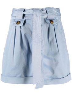 pastel blue stretch-cotton front button fastening tied waist turn-up hem thigh-length Blue Cotton Shorts With Buttons, Light Blue Bottoms With Built-in Shorts Relaxed Fit, Blue Cotton Button-up Shorts, High-rise Blue Shorts With Button Closure, Light Blue Cotton Bottoms With Built-in Shorts, Bleu Pastel, Twill Shorts, Blazer Vest, Short Leggings