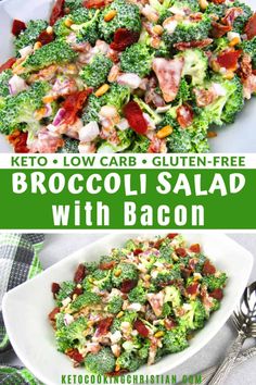 broccoli salad with bacon in a white bowl