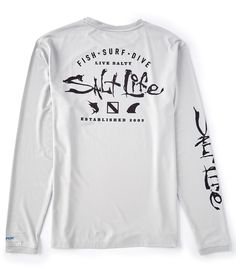 From Salt Life, this tee features:crewnecklong sleeves (one with logo detail)small "Salt Life" logo, graphics and verbiage on the frontlarge "Salt Life" logo, graphics and verbiage on the backpullover stylingSLX performance designUV 30 sun protectionquick drying and moisture wicking fabricpolyester/spandex machine wash/tumble dryImported. Life Logo, Salt Life, Fishing Shirts, Dillard's, Graphic Long Sleeve, Moisture Wicking, Salt, Spandex, Sun