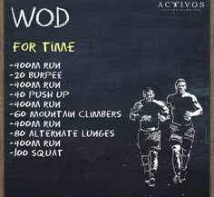 a chalk drawing of two men running in front of a blackboard with the words wod for time written on it