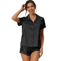 Basic button-down set, roll-up cuffs, shiny silky satin fabric, smooth and soft. Made from a little sheen satin, this basic button-down shirt and shirt set offers you comfort and casual loungewear. Solid color and basic design make this pajama set classic and timeless for everyday wear. Perfect gift for all ladies when at home or enjoying a cozy lounging time. These sets suit nightwear, sleeping, slumber parties, girls' day, indoor, etc. Black Short Sleeve Sleepwear For Spring, Black Short Sleeve Sleepwear For Pajama Party, Casual Button-up Sleepwear For Sleepover, Black Cotton Short Sleeve Sleepwear, Short Sleeve Sleepwear With Buttons, Satin Pajama Set, Satin Pajama, Gray Sports Bra, Shirt And Shorts