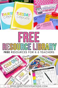 Text reads: Free Resource Library Free Resources for K-5 Teachers with four images surrounding text Student Teacher Resources, Free Classroom Incentives, Kindergarten Teaching Ideas, Teacher Monthly Organization, Teacher Labels Printables Free, Free Resources For Teachers, Resource Room Decor, How To Become A Teacher, Free Teacher Rewards