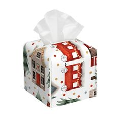 a tissue box with a house on it