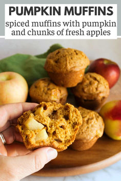 pumpkin muffins with apples and chunks of fresh apples on a plate for breakfast