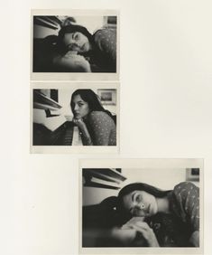 three black and white photographs of women in different poses, one with her hand on her chin