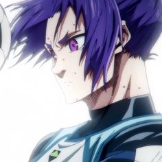 an anime character with purple hair and blue eyes holding a soccer ball in his hand