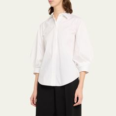 Lafayette 148 New York blouse in cotton with pleated sleeve details Approx. 25"L from shoulders to hem Spread collar; concealed button front 3/4 blouson sleeves Button cuffs Shirttail hem Slim fit Cotton Imported Pleated Sleeves, Cotton Blouse, Cotton Blouses, Sleeve Detail, Bergdorf Goodman, Sleeve Cotton, Tops Designs, Slim Fit, New York