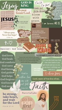 a collage of images with words and pictures on them, including jesus's name