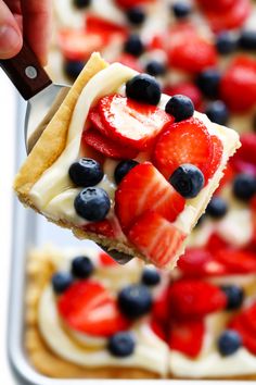 a person is holding a piece of cake with strawberries and blueberries on it