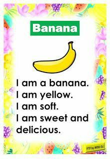 a banana with the words i am a banana, i am yellow, i am soft, i am sweet and delicious