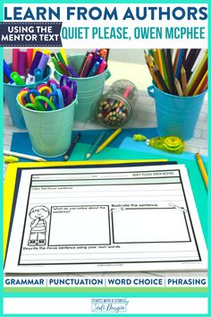 a book cover with pencils, pens and other items on the table next to it