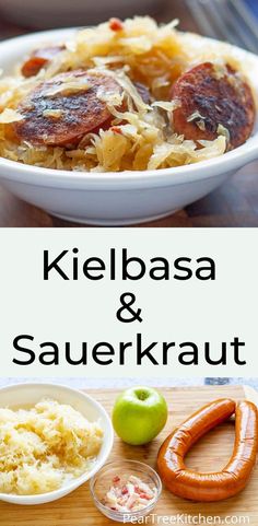 kielbasa and sauerkraut in a white bowl