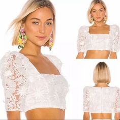 Lpa Revolve Women's Terina Lace Bubble Sleeve Square Neck White Crop Top Medium Nwt White Feminine Crop Top For Night Out, Feminine Lace Crop Top For Summer, Fitted Lace Crop Top For Day Out, Feminine Fitted Crop Top For Day Out, White Lace Crop Top, Bubble Sleeve, Lace Crop Tops, White Crop, White Crop Top