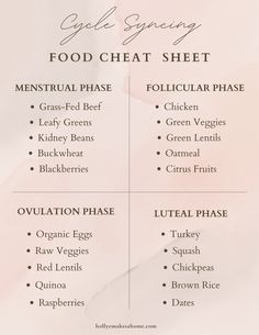 Cycle syncing is the best way to "bio hack" your body's cycle to experience hormone balance and a painless period. Here's what to eat during each phase of your cycle. Herbal Tea Cycle Syncing, What To Eat During Each Phase Of Your Cycle, Cycle Syncing Herbs, Cycle Syncing Meal Ideas, Cycle Syncing Meal Plan, Menstrual Cycling, Hormone Cycling, Painless Period, Cycle Eating