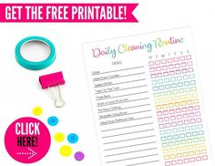 the free printable daily cleaning routine is shown next to a pair of scissors and tape