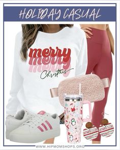 Festive comfort meets style! Perfect holiday athleisure look featuring a merry graphic sweatshirt, burgundy leggings, and trendy sneakers. Add cute accessories like the sherpa bag and festive tumbler for running errands or casual gatherings. Comfy, cute, and totally Christmas-ready! Outfits Women Aesthetic, Sherpa Bag, Women Fall Outfits, Christmas Loungewear, Burgundy Leggings, Women Aesthetic