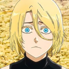 an anime character with blonde hair and blue eyes looks at the camera while wearing black