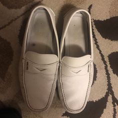 White Prada Loafers White Moccasins For Business In Spring, Casual White Plain Toe Moccasins, White Leather Loafers For Business Casual, Casual White Almond Toe Loafers, White Casual Almond Toe Loafers, White Casual Moccasins With Almond Toe, Casual White Almond Toe Moccasins, White Casual Almond Toe Moccasins, White Casual Loafers For Business Casual