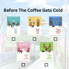 the coffee gets cold book cover is shown in four different colors and styles, along with an image of a train