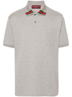 grey cotton blend piqué weave signature Web-stripe trim ribbed trim polo collar front button placket short sleeves chest patch pocket short side slits step hem Web Detail, Planet People, Cotton Polo Shirt, Cotton Polo, Polo Collar, Grey Cotton, Denim Pant, Polo Shirts, Shorts With Pockets