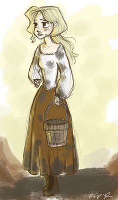 a drawing of a woman in a dress holding a basket and looking at the camera