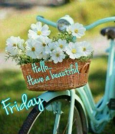 a bicycle with a basket full of daisies on the handlebars that says, hello have a beautiful friday