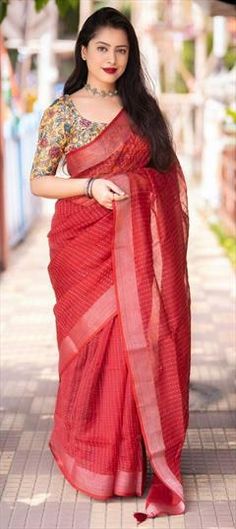 Red and Maroon color Saree in Linen fabric with Printed work Red Cotton Saree For Wedding, Red Cotton Blouse Piece With Cutdana, Red Kalamkari Print Blouse Piece For Wedding, Festive Red Kalamkari Blouse Piece, Festive Red Kalamkari Print Blouse Piece, Festive Red Blouse With Kalamkari Print, Festive Red Cotton Blouse Piece, Red Cotton Blouse Piece With Traditional Patterns, Traditional Cotton Blouse Piece In Red