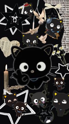 a black cat surrounded by other cats and stars with candles in their paws, on a dark background