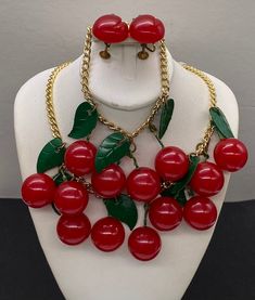 "Beautiful Antique Bakelite Celluloid Art Deco Red Cherries Hanging Jewelry Set Necklace, Bracelet & Matching Earrings Condition are Okay Plea See all Photos as part of your own description perfect to add in your collection 18mm Cherry Bead and necklace measures 18\" length bracelet measures 7\" length" Bracelet Matching, Vintage Jewelry Repurposed, Cherry Earrings, Repurposed Jewelry, Hanging Jewelry, Enamel Necklaces, Set Necklace, Sapphire Diamond Ring, Contemporary Jewelry