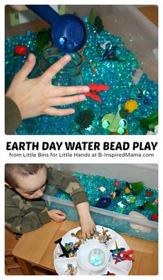 two pictures with the words earth day water bead play and an image of a child playing