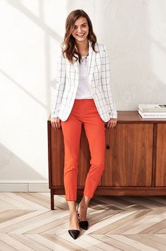 Boldly go - to work. Freshen up the usual grays and blues with bright pops of red, windowpane plaid and a chic flats. If you look good, work just seems better | Banana Republic Job Interview Outfits, Comfy Work Outfit, Job Interview Outfit, Interview Outfits Women, Interview Outfits, Work Outfit Inspiration, Casual Chic Outfits, Orange Pants, Spring Work Outfits