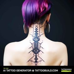 the back of a woman's neck with tattoos and geometric designs on her body