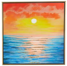 an oil painting of the sun setting over the ocean