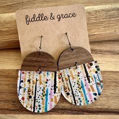 "Fiddle and Grace is proud to offer affordable, lightweight super cute earrings! This pair of Wood and Acrylic Earrings done in Party Stripe are sure to become one of your favorites! They are super lightweight! They measure 1.5\" wide x 2.1\" tall and 1/8 inch thick. (add 1/2\" for earring hook) These earrings come with a Walnut topper and a fun Party Stripe Acrylic. They come with Antique Bronze Nickle Free French Ear Wire Hooks and Jump Rings. **Due to the nature of the sheet of acrylic that t Fun White Earrings For Everyday, Fun White Everyday Earrings, Fun Everyday Dangle Earrings, Fun Adjustable Earrings For Everyday, Playful Everyday Drop Earrings, Multicolor Dangle Earrings For Everyday, Multicolor Drop Earrings For Everyday, Modern Multicolor Earrings For Everyday, Everyday Multicolor Dangle Earrings