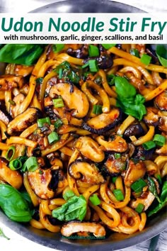 the cover of udon noodle stir fry with mushrooms, garlic, scallions, and basil