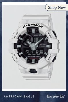 Resin band with buckle closure/Resin case & bezel/Water resistance: 200 meters/Shock Resistant/Approx. battery life: 5 years Modern White Watches With Stopwatch, Casual White Watches For Outdoor, Casual White Outdoor Watches, White Analog Digital Watch For Outdoor, White Casual Chronograph Watch, Casual White Chronograph Watch, Casual White Analog Watches, Resin Watch, Resin Case