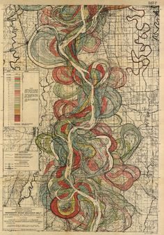 an old map with many different colored lines