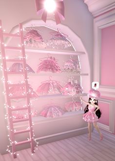 a woman is standing in front of a pink room